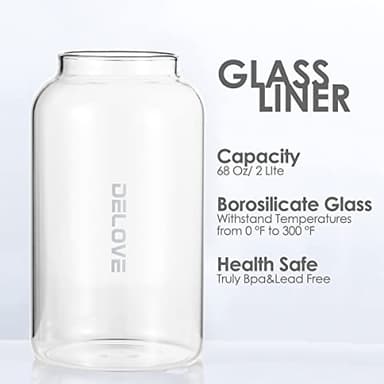 Delove 68 oz/2 Liter Glass Pitcher with Shatterproof Shell - Heat Resistant Glass Liner - Stainless Steel Lid - Carafe & Jug for Iced Tea,Hot/Cold Water,Homemade Juice Beverages (Black) - Image 4