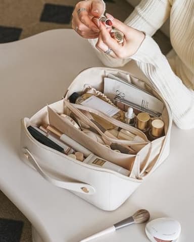 EACHY Travel Makeup Bag, Large Capacity Cosmetic Bags for Women, Waterproof Portable Open Flat Toiletry Bag Make up Bag with Divider and Handle, Gifts for Women (White, Large) - Image 9