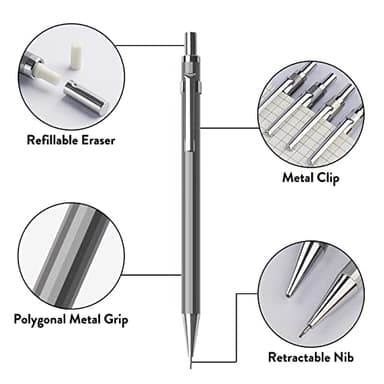 Four Candies 0.5mm Mechanical Pencil Set with Case - 4PCS Metal Mechanical Pencils, 8 Tubes HB #2 Lead Refills, 3PCS 4B Erasers and 9PCS Eraser Refills, Lead Mechanical Pencils for Writing & Drawing - Image 7