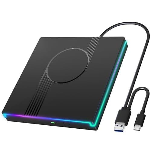 RGB External CD/DVD Drive for Laptop, External CD Drive USB 3.0 Type-C Portable DVD Player, CD Burner +/-RW Optical Drive, Slim CD ROM External Drive for Laptop Desktop PC Windows Mac (Black) - Image 1