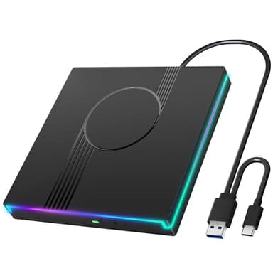 RGB External CD/DVD Drive for Laptop, External CD Drive USB 3.0 Type-C Portable DVD Player, CD Burner +/-RW Optical Drive, Slim CD ROM External Drive for Laptop Desktop PC Windows Mac (Black) - Image 1