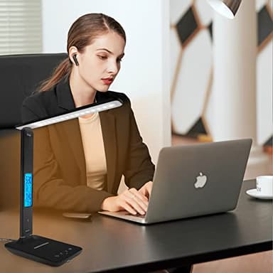 Desk Lamp with Wireless Charger，USB Charging Port, Dimmable Office Desk Light with Clock, Alarm, Date, Temperature, Foldable Lamp for Table Bedroom Bedside Office (Black, Standard Size-13.3 inch) - Image 6