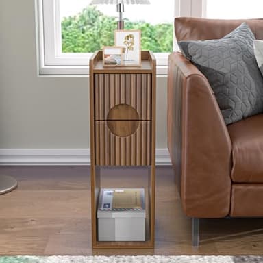 Narrow Fluted Nightstand Set of 2, Wooden Small 2 Drawer Nightstand, Slim Side End Table, Vintage Bedside Table, Mid Century Modern Night Stand with Drawers, for Living Room, Bedroom, Walnut - Image 5