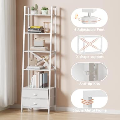 Furologee 5-Tier Ladder Shelf with 2 Drawers,Narrow Bookshelf Storage Shelves,Industrial Bookcase Freestanding Rack Units for Bedroom,Living Room,Bathroom,Home Office,Balcony,Wood Metal, White - Image 5