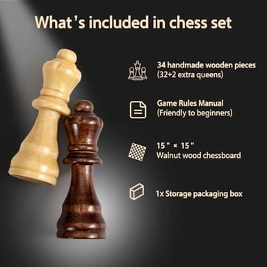 Chess Set Board Games for Adults: Handmade Walnut Wooden 15" 2 Extra Queens Folding Portable Travel Chess Game, Gift idea, Pieces Storage Slots,Instructions - Image 4