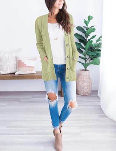 MEROKEETY Women's 2025 Fall Long Sleeve Cable Knit Cardigan Sweater Open Front Button Loose Outerwear Light Green - Image 6