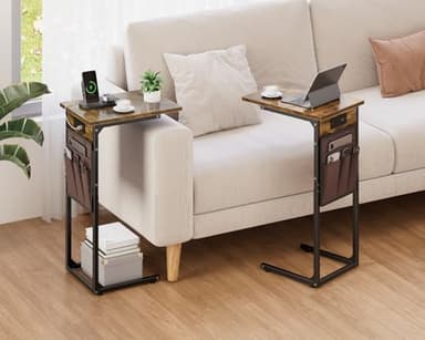 Vagusicc C Shaped End Table with Charging Station, Small Side Table for Couch, Tall Sofa Table Couch Side Tables, Slide Under Sofa Table TV Tray Arm C Tables for Living Room, Bedroom, Bedside, Brown - Image 2