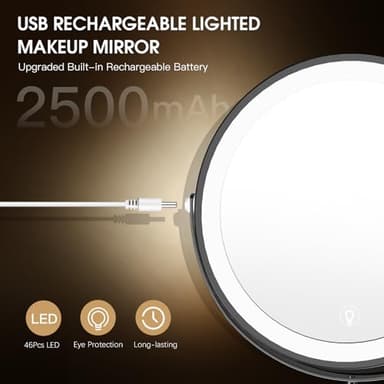 MNIENT Wall Mounted Lighted Makeup Mirror, 8" Rechargeable Double-Sided Light up Magnifying Mirror 1x/10x,3 Color Led Vanity Mirror with Lights,Touch Dimmable 360° Rotation Foldable-Black - Image 5