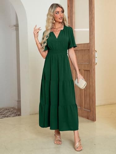 Amegoya Women's Short Sleeve Semi Formal Maxi Dresses Elegant Empire Waist Long Flowy Dress Modest Winter Wedding Guest Dress (Emerald Green M) - Image 5