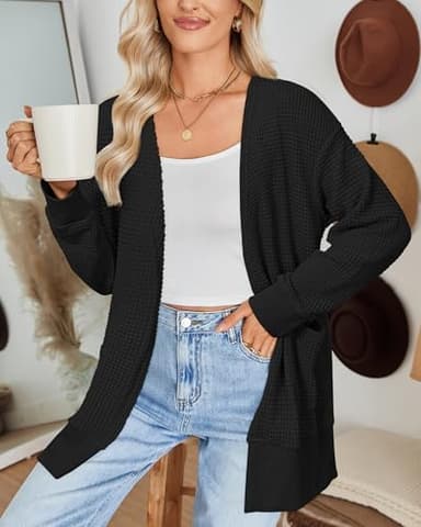 STYLEWORD Women's 2025 Fall Fashion Cardigan Sweater Summer Waffle Lightweight Open Front Knit Casual Long Cardigans Daily Outfits Clothes with Pockets(Black-XXL) - Image 3
