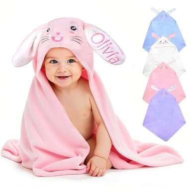 Individz Custom Hooded Bath Towel with Name, Personalized Highly Absorbent Bunny Towels, Baby Bath Towels for Girls Boys, Christmas Brithday Shower Gifts for Baby, Toddler, Newborn (Pink) - Image 1