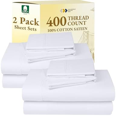 California Design Den 2-Pack Sheet Sets King Size - 400 Thread Count 100% Cotton Sateen - Extra Soft, Breathable & Cooling Sheets, Wrinkle Resistant, 2 Sets of Deep Pocket Bed Sheets - Bright White - Image 1