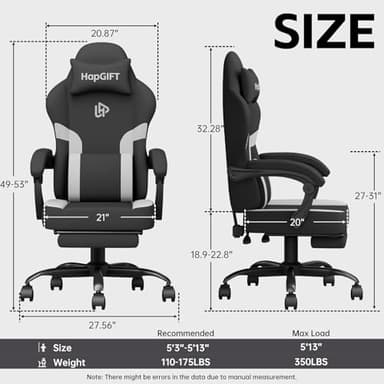 HapGIFT Computer Chair, Gaming Chairs with Footrest and Massage Lumbar Support, High Back Ergonomic Swivel Gamer Chair, Reclining Gaming Chairs with Armrests, Headrest for Adults, 300LBS (Black-Grey) - Image 3