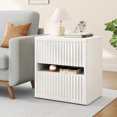 Dripex Fluted Nightstand with 2 Drawers, Large Wide Wood Night Stand Bedside Tables for Bedroom, Mid-Century Modern Storage Bed Side Table, End Tables for Living Room Sofa Couch, White, Set of 1 - Image 5