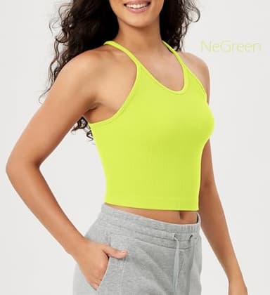 ODODOS Women's Crop 3-Pack Seamless Rib-Knit Camisole Crop Tank Tops, Long Crop, Neon Pink Green Orange, Medium/Large - Image 3