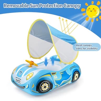 Swimbobo Toddler Pool Float Inflatable Car Baby Swim Float with Adjustable Sun Canopy and Safety Seat Pool Toys for Kids 3+ Years Old (Blue Sports Car) - Image 3