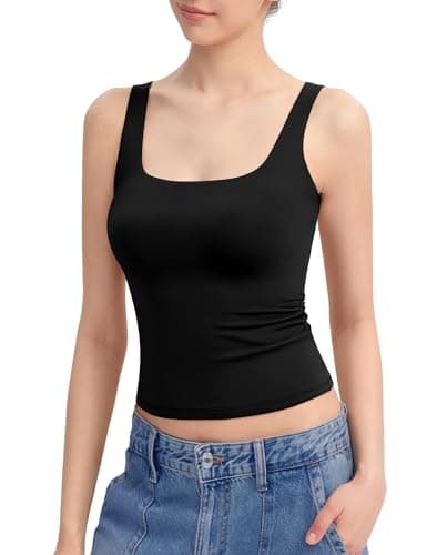 PUMIEY Tank Top for Women Sleeveless Double Lined Basic Summer Tops, Jet Black Medium - Image 1
