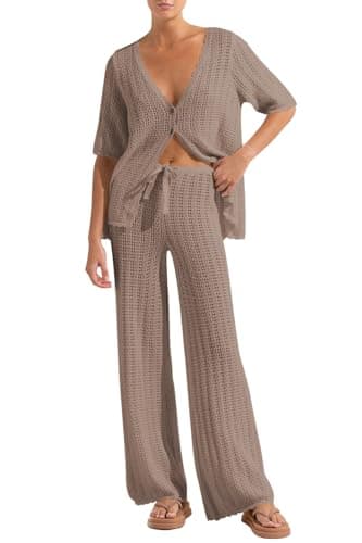 Imily Bela Women's Summer 2 Piece Swimsuit Cover up Crochet Knit Cardigan Tops Long Pants Set Bathing Suit Beach Outfit - Image 1