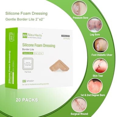 NeuHeils Silicone Foam Dressing Gentle Border Lite 2''x2'', Pad Size 1''x1'', 20 Pack for Small Bed Sore Pressure Ulcer Wound Bandages Patches - Image 2