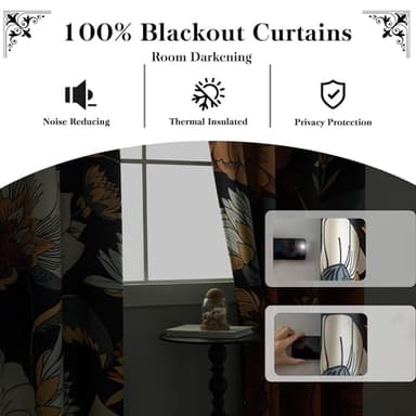 Tyrot Black Boho Floral 100% Blackout Curtains for Bedroom 84 inch Long 2 Panels Mid Century Botanical Black Out Curtains for Living Room Grommet Thermal Insulated Room Darkening Window Drapes,52Wx84L - Image 3
