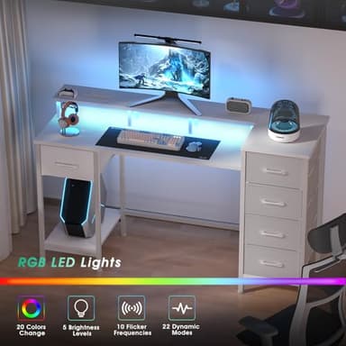 Korfile 47 Inch Computer Gaming Desk with Power Outlets & LED Lights Reversible Home Office Desk with Adjustable 5 Fabric Storage Drawers for Working Writing Study, White Oak - Image 8