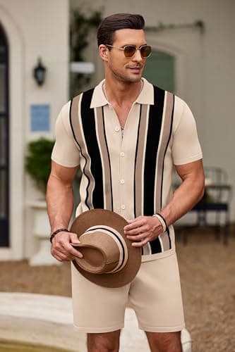 COOFANDY Men's 2 Piece Outfit Vintage Short Sleeve Knit Shirts Sets Striped Polo Shirt Casual Beach Shorts Suit - Image 3