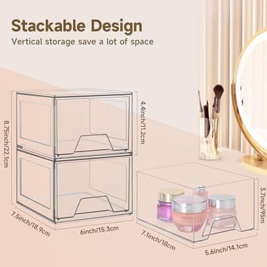Damomo 4 Pack Stackable Organizer Drawers, 4.4" Tall Clear Bathroom Makeup Organizer and Storage, Acrylic Small Organizers Bins for Vanity, Undersink, Bathroom, Pantry, Kitchen Cabinets - Image 2