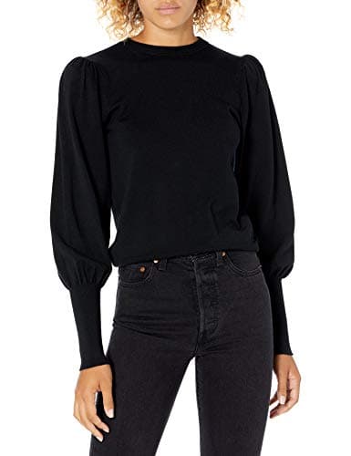 The Drop Women's Vivienne Pleated Shoulder Balloon-Sleeve Crewneck Sweater, Black, L - Image 1
