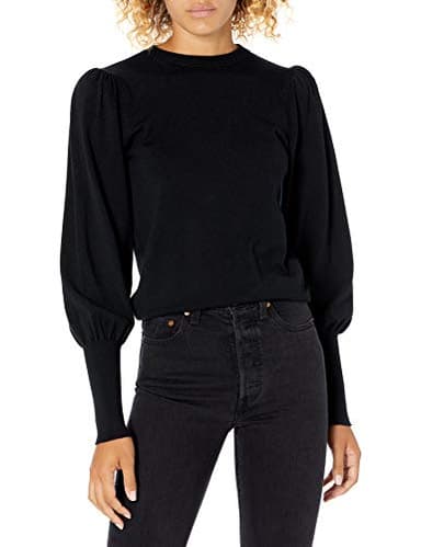 The Drop Women's Vivienne Pleated Shoulder Balloon-Sleeve Crewneck Sweater, Black, L - Image 1