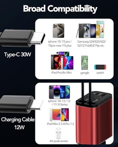 Retractable Car Charger 4 in 1, Compatible with iPhone 17 Car Charger Fast Charging, Type C Retractable Fast Car Charger, 69W USB C Car Charger Adapter for iPhone 17/16/15/14/Galaxy/Pixel - Image 6