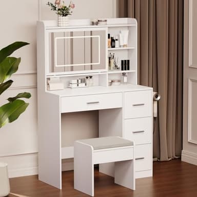 Viaozutis Vanity Desk with a Mirror and Lights，with Chair and Four Drawers, Three Adjustable Lighting Modes，with Power Outlet and Sliding LED Mirror,Bedroom Vanity Desk (White) - Image 5