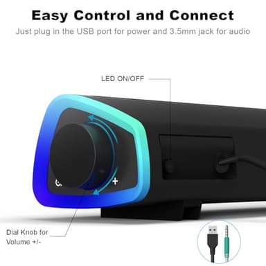 SOULION R30 Computer Speakers, Colorful LED Lights with Switch Button, Surround Sound Portable Computer Sound Bar Speakers for Desktop, Gray - Image 5
