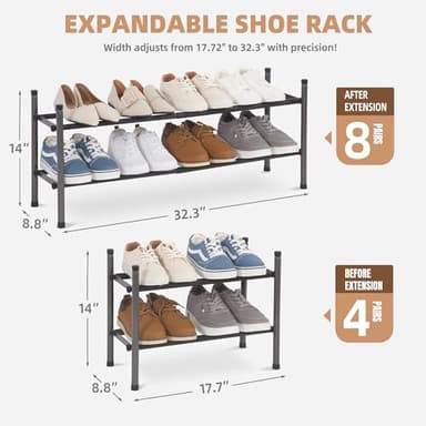 STORAGE MANIAC Expandable Shoe Rack, 8 Pairs Stackable Small Shoe Rack, Metal Adjustable Shoes Organizer for Closet, Entryway, Hallway, Garage, Front Door, Shoes Shelves, Black 2 Tier - Image 3