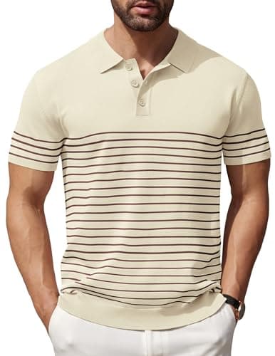COOFANDY Men's Striped Knit Polo Shirt Short Sleeve Button Down Knitting Golf Shirts Classic Fit Shirts, Beige, Large - Image 1