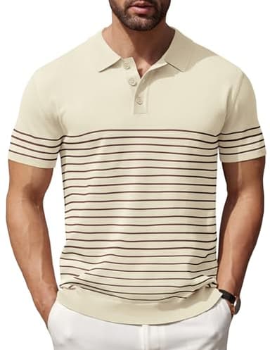 COOFANDY Men's Striped Knit Polo Shirt Short Sleeve Button Down Knitting Golf Shirts Classic Fit Shirts, Beige, Large - Image 1