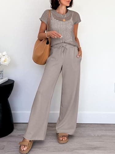 ANRABESS Women Two Piece Outfits Crochet Sheer Knit Sweater Top Wide Leg Pants Lounge Matching Sets Sweatsuit Travel Clothes light khaki Medium - Image 5