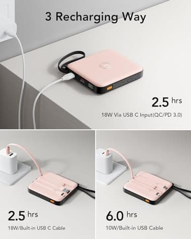 VRURC Mini Portable Charger, 22.5W USB C Fast Charging 10000mAh Pocket Power Bank with Built-in Cable, Battery Pack for iPhone 16 15 14 13 Samsung Galaxy S23 S22 Google Android, Pink(1 Pack) - Image 7