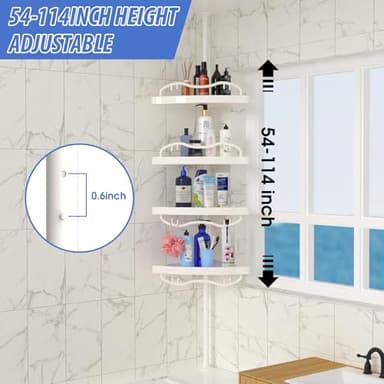 CALCHELE Shower Caddy Corner for Bathroom, Rustproof Bathtub Shower Storage Organizer for Shampoo Accessories, 4-Tier Adjustable Shelves with Tension Pole, 54 to 114 Inch White - Image 7