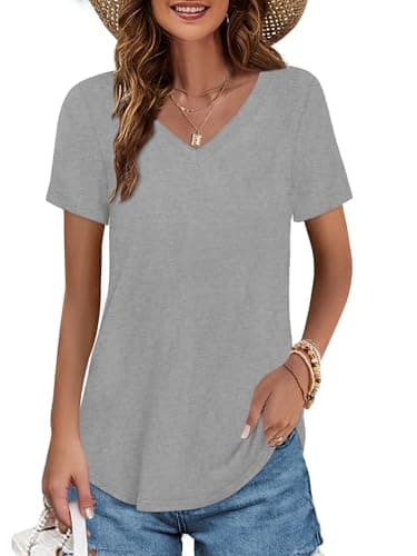 Elesomo Women Tops Casual Short Sleeve V Neck Curved Hem Cotton Tee Shirts, Grey XL - Image 1