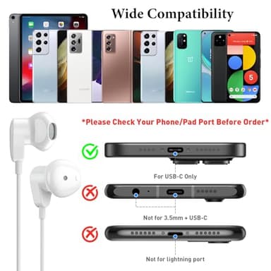 USB C Headphones for iPad Pro iPhone Air 17 16 15 Pro Max HiFi Stereo USB-C Wired Earbuds Microphone Volume Control Type C Earphone for Samsung S24 S23 Ultra S22 S21 Note20 Pixel 9 8 7 6 6a 5 OnePlus9 - Image 4