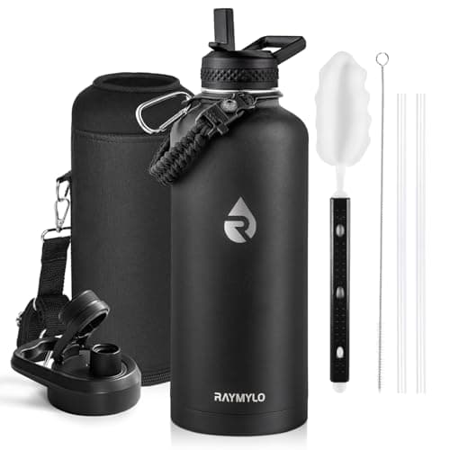 RAYMYLO Insulated Water Bottle 87 oz, Triple Wall Vacuum Stainless Steel (Cold for 48 Hrs), Leak Proof & Non-BPA, Modern Water Flask Jug with Paracord Handle & Straw Spout Lids, Magic Black - Image 1