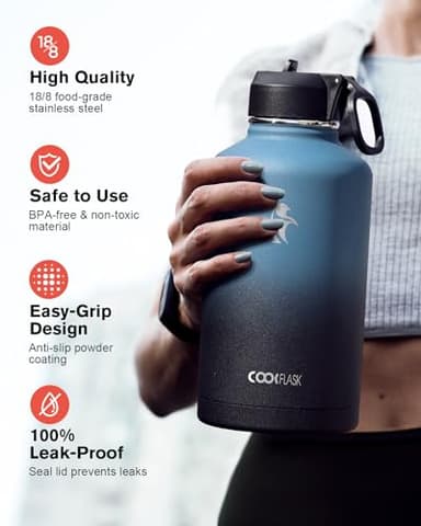 Half Gallon Water Bottle Insulated with Straw & 3 Lids, Coolflask 64 oz Water Jug Large Metal Stainless Steel Wide Mouth for Sports, Gym or Office, Non-BPA Keep Cold 48H Hot 24H, Samurai Cyan - Image 3