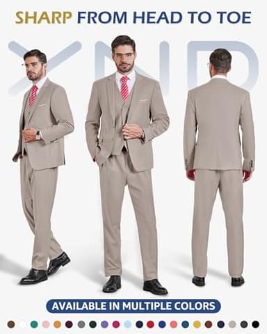 YND Men's Slim Fit 2 Button 3 Piece Suit Set, Blazer Jacket Vest Pants and Tie, Solid Wedding Dress Tux and Trousers Beige - Image 2