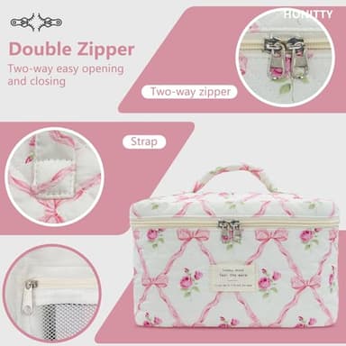 honitty Makeup Bag,Quilted Cosmetic Bag,Large Floral Make Up Bag for Women,Cotton Makeup Bag Set,Flower Travel Toiletry Bag - Image 4