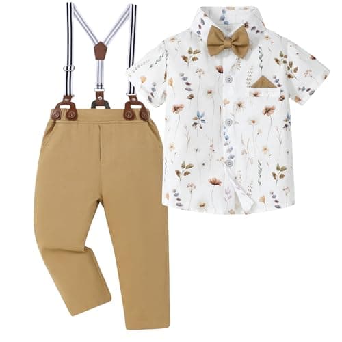 DISAUR Suit for Toddler Boys 4t 5t 4-5t White Flower Dress Shirt Brown Suspender Pants Easter Suits for Little Gentle - Image 1