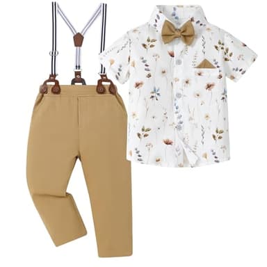DISAUR Suit for Toddler Boys 4t 5t 4-5t White Flower Dress Shirt Brown Suspender Pants Easter Suits for Little Gentle - Image 1