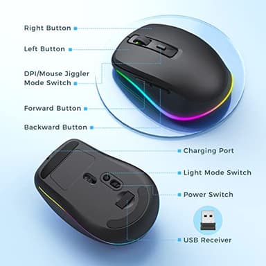 PEIOUS Wireless Mouse Jiggler - LED Wireless Mice with Build-in Jiggler Mover, Rechargeable Moving Mouse for Computer with Undetectable Random Movement Keeps PC Laptop Awake - Black - Image 6