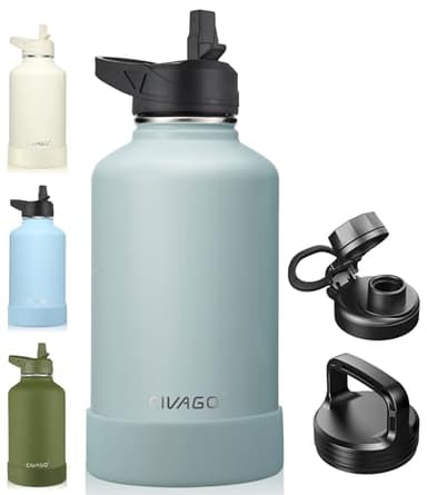 CIVAGO 64 oz Insulated Water Bottle With Straw, Half Gallon Stainless Steel Sports Water Flask Jug with 3 Lids (Straw, Spout and Handle Lid), Large Metal Thermal Cup Mug, Sage - Image 1