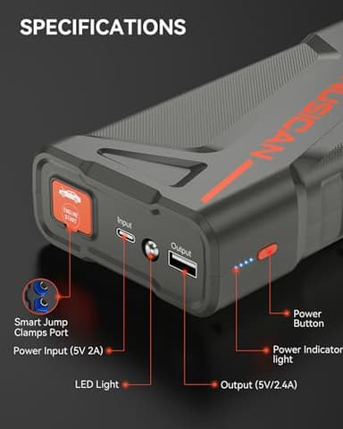Car Battery Jump Starter, NUSICAN 2000A Portable Car Jump Starter Battery Pack (up to 7.5L Gas/5.5L Diesel Engine) 12V Jump Box for Car Battery with Safety Jumper Clamps, LED Lights, Compact - Image 8