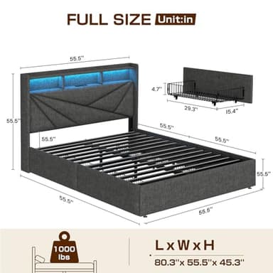 Driftalia Full Size Bed Frame with 4 Storage Drawers, Upholstered Full Bed Frame with LED Lights Headboard and Charging Station, No Box Spring Needed, Easy Assembly - Dark Grey - Image 2